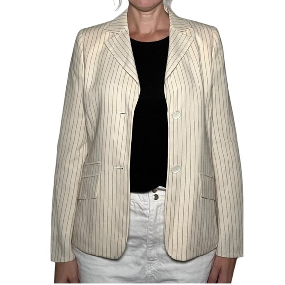Akris Wool Blend Pinstripe 2-Button Blazer Ivory Cream Black Classic Size 10 - Picture 3 of 16